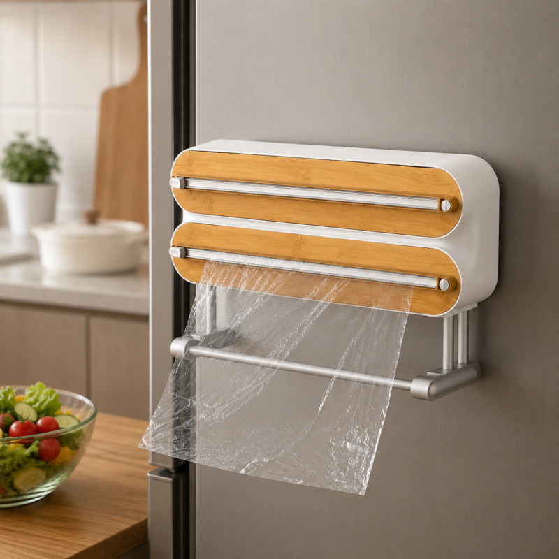 Food Storage Cabinet For Kitchen - Magnetic Food Wrap Cutter Dispenser Cling