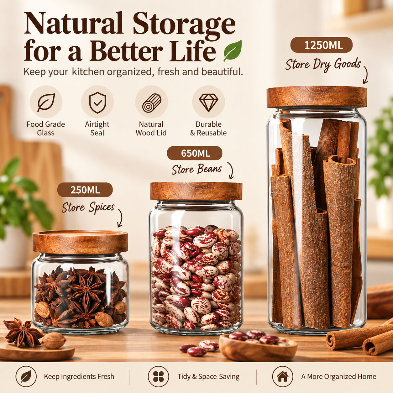 Food Storage Glass Container Set - 1pcs Wood Lid Orgnizer Glass Airtight