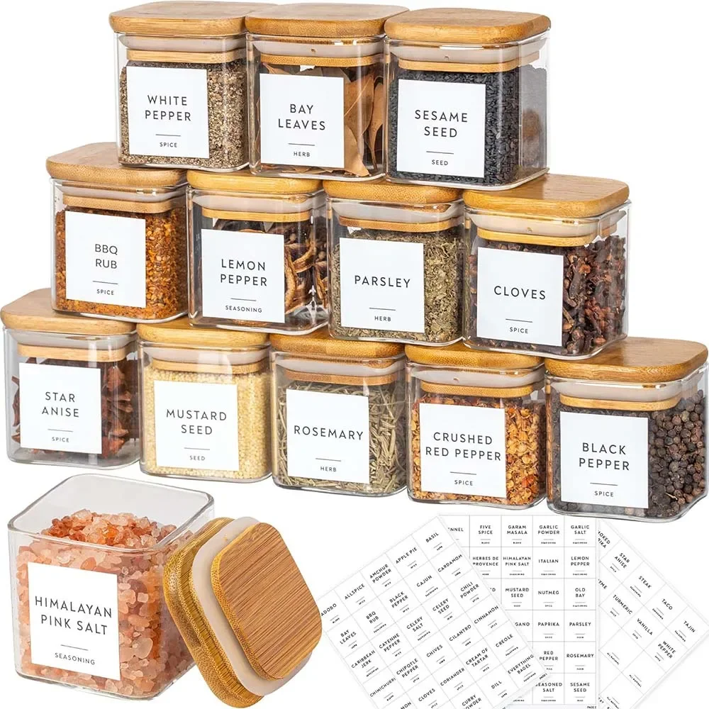 Food Storage Glass Container Set - 5oz Square Spice Jars with Bamboo