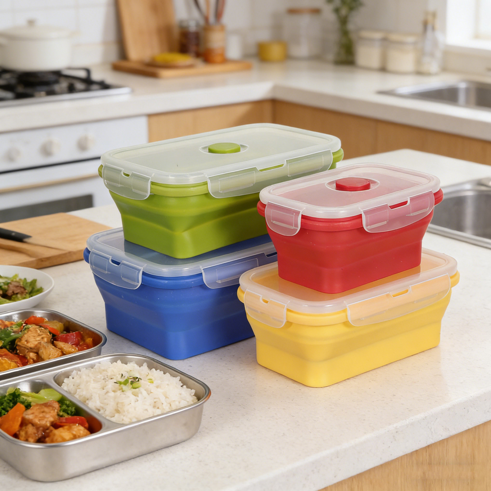 4Pcs Foldable Silicone Lunch B - огляд і ціна Food Storage Containers Plastic Box